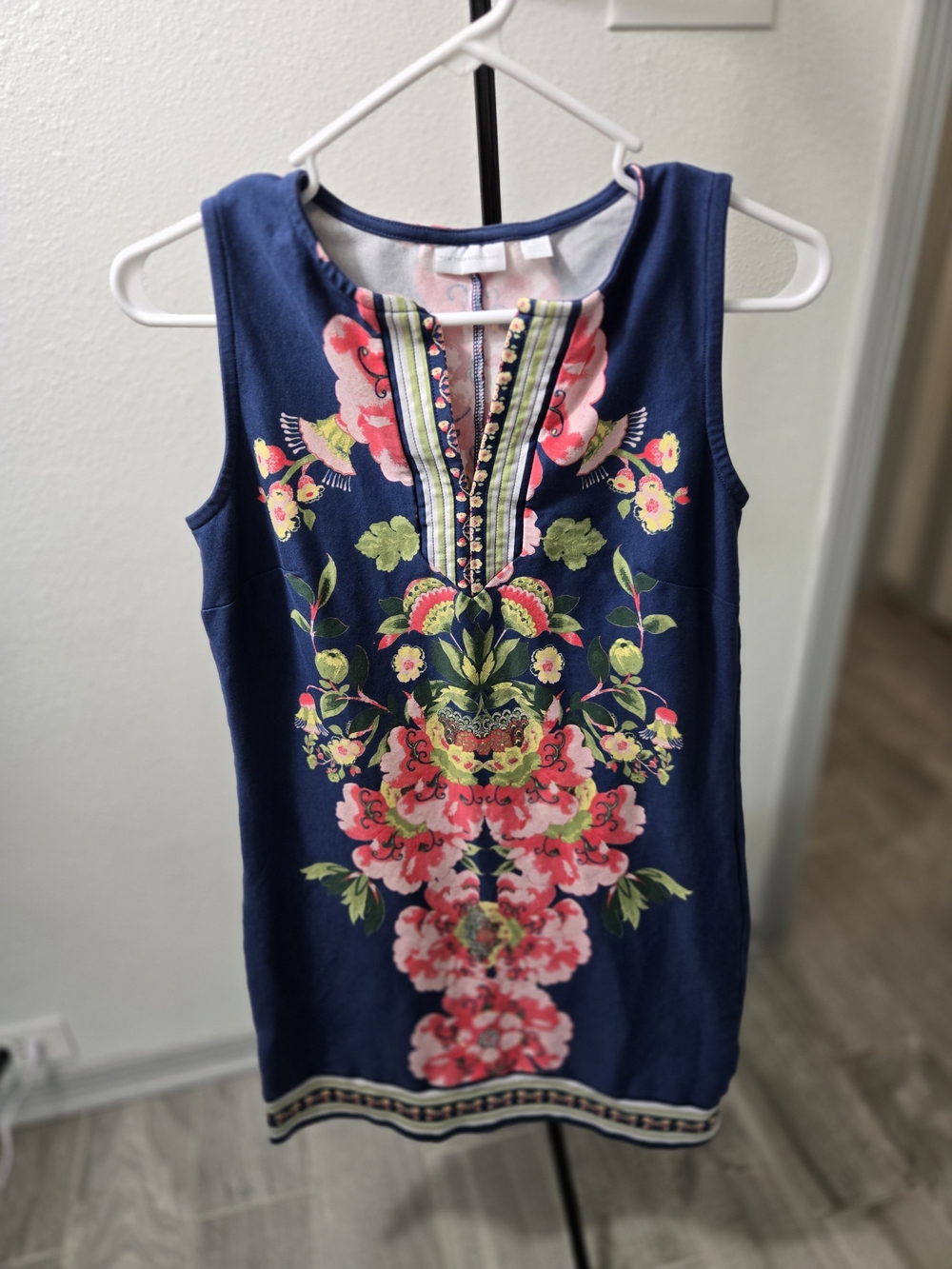 New York & Company Navy Dress with Pink and Green Floral Detail